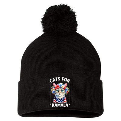 Cat For Kamala Funny Cat With Flowers American Usa Flag 2024 Pom Pom 12in Knit Beanie