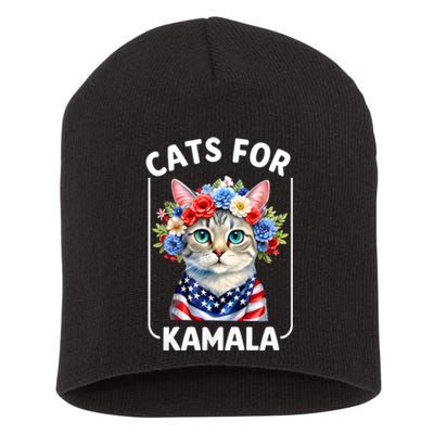 Cat For Kamala Funny Cat With Flowers American Usa Flag 2024 Short Acrylic Beanie