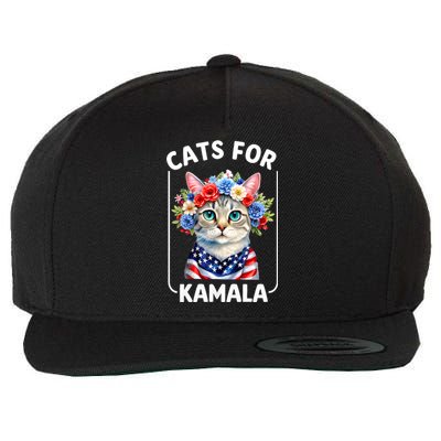 Cat For Kamala Funny Cat With Flowers American Usa Flag 2024 Wool Snapback Cap