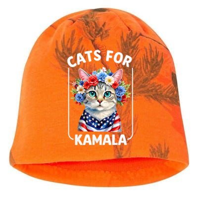 Cat For Kamala Funny Cat With Flowers American Usa Flag 2024 Kati - Camo Knit Beanie