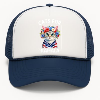 Cat For Kamala Funny Cat With Flowers American Usa Flag 2024 Trucker Hat