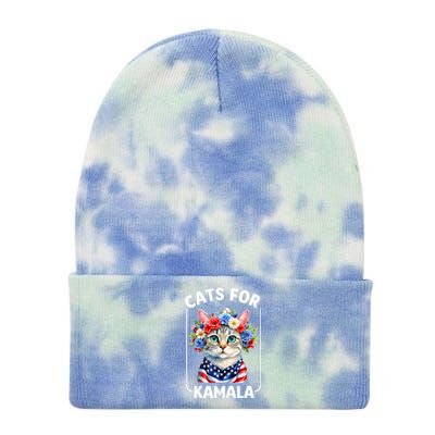 Cat For Kamala Funny Cat With Flowers American Usa Flag 2024 Tie Dye 12in Knit Beanie