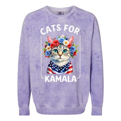 Cat For Kamala Funny Cat With Flowers American Usa Flag 2024 Colorblast Crewneck Sweatshirt