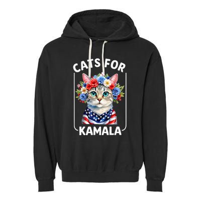 Cat For Kamala Funny Cat With Flowers American Usa Flag 2024 Garment-Dyed Fleece Hoodie