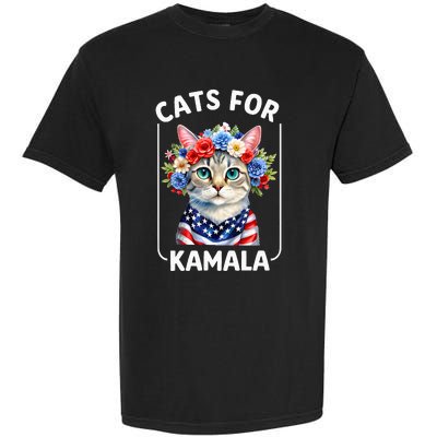 Cat For Kamala Funny Cat With Flowers American Usa Flag 2024 Garment-Dyed Heavyweight T-Shirt