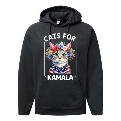 Cat For Kamala Funny Cat With Flowers American Usa Flag 2024 Performance Fleece Hoodie