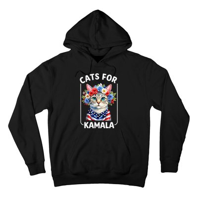 Cat For Kamala Funny Cat With Flowers American Usa Flag 2024 Hoodie