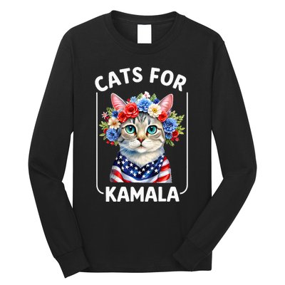 Cat For Kamala Funny Cat With Flowers American Usa Flag 2024 Long Sleeve Shirt