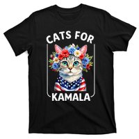 Cat For Kamala Funny Cat With Flowers American Usa Flag 2024 T-Shirt