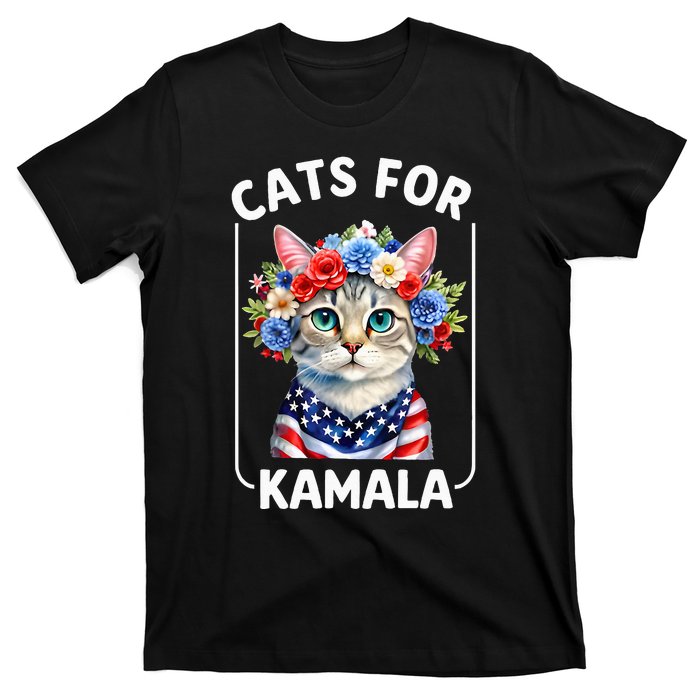 Cat For Kamala Funny Cat With Flowers American Usa Flag 2024 T-Shirt