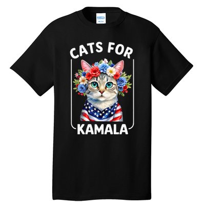 Cat For Kamala Funny Cat With Flowers American Usa Flag 2024 Tall T-Shirt