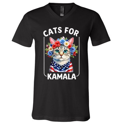 Cat For Kamala Funny Cat With Flowers American Usa Flag 2024 V-Neck T-Shirt