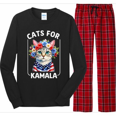 Cat For Kamala Funny Cat With Flowers American Usa Flag 2024 Long Sleeve Pajama Set