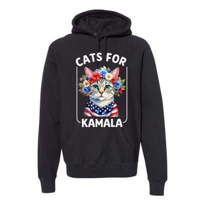 Cat For Kamala Funny Cat With Flowers American Usa Flag 2024 Premium Hoodie