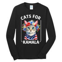 Cat For Kamala Funny Cat With Flowers American Usa Flag 2024 Tall Long Sleeve T-Shirt