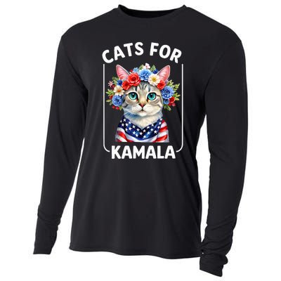 Cat For Kamala Funny Cat With Flowers American Usa Flag 2024 Cooling Performance Long Sleeve Crew