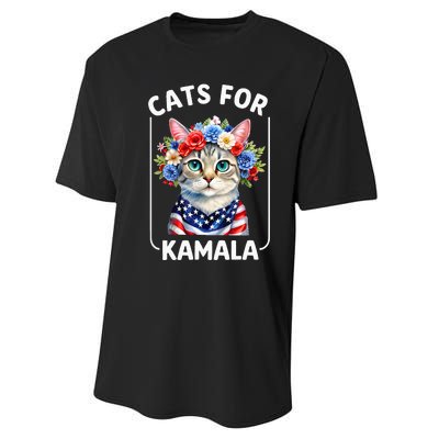 Cat For Kamala Funny Cat With Flowers American Usa Flag 2024 Performance Sprint T-Shirt