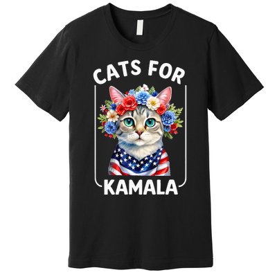 Cat For Kamala Funny Cat With Flowers American Usa Flag 2024 Premium T-Shirt