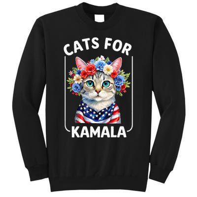 Cat For Kamala Funny Cat With Flowers American Usa Flag 2024 Tall Sweatshirt