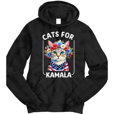 Cat For Kamala Funny Cat With Flowers American Usa Flag 2024 Tie Dye Hoodie