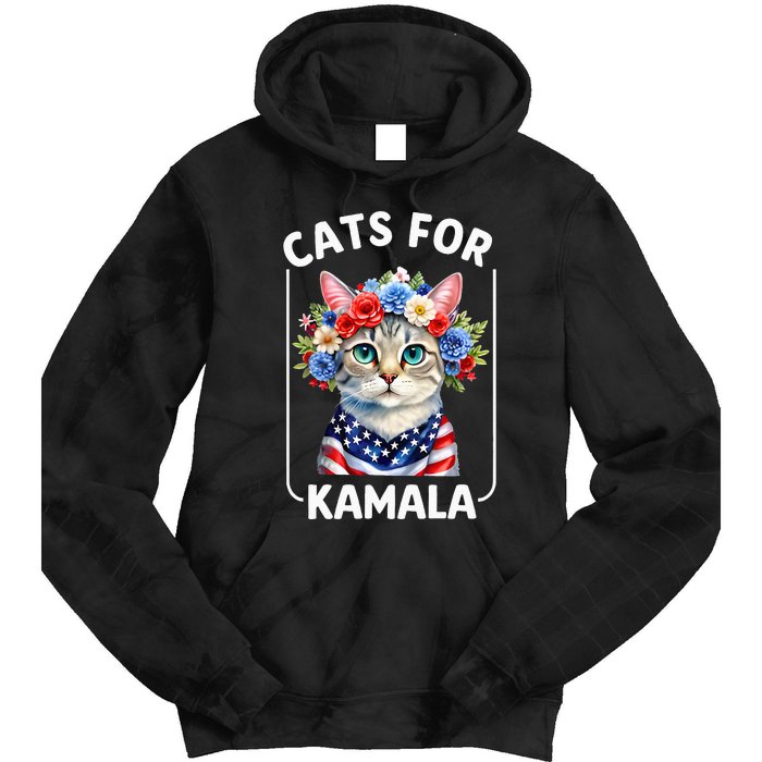 Cat For Kamala Funny Cat With Flowers American Usa Flag 2024 Tie Dye Hoodie