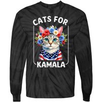 Cat For Kamala Funny Cat With Flowers American Usa Flag 2024 Tie-Dye Long Sleeve Shirt