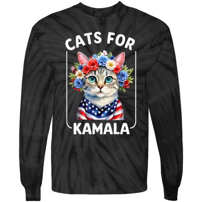 Cat For Kamala Funny Cat With Flowers American Usa Flag 2024 Tie-Dye Long Sleeve Shirt