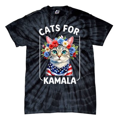 Cat For Kamala Funny Cat With Flowers American Usa Flag 2024 Tie-Dye T-Shirt