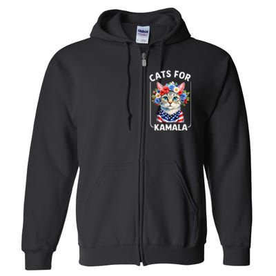 Cat For Kamala Funny Cat With Flowers American Usa Flag 2024 Full Zip Hoodie