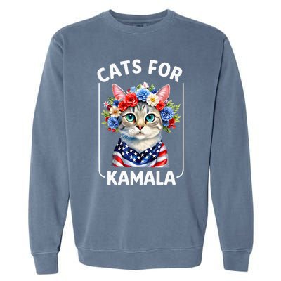 Cat For Kamala Funny Cat With Flowers American Usa Flag 2024 Garment-Dyed Sweatshirt