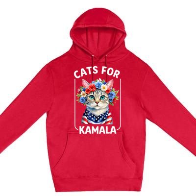 Cat For Kamala Funny Cat With Flowers American Usa Flag 2024 Premium Pullover Hoodie