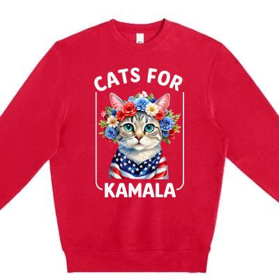 Cat For Kamala Funny Cat With Flowers American Usa Flag 2024 Premium Crewneck Sweatshirt