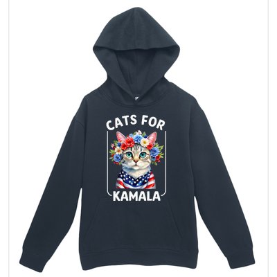 Cat For Kamala Funny Cat With Flowers American Usa Flag 2024 Urban Pullover Hoodie