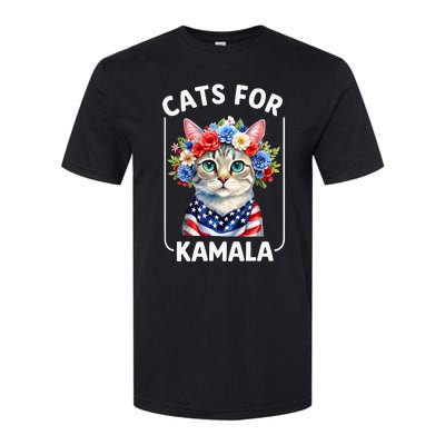 Cat For Kamala Funny Cat With Flowers American Usa Flag 2024 Softstyle CVC T-Shirt