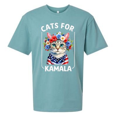 Cat For Kamala Funny Cat With Flowers American Usa Flag 2024 Sueded Cloud Jersey T-Shirt