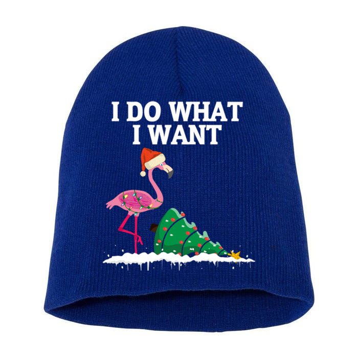 Cute Flamingo Knocking Over Christmas Tree I Do What I Want Gift Short Acrylic Beanie