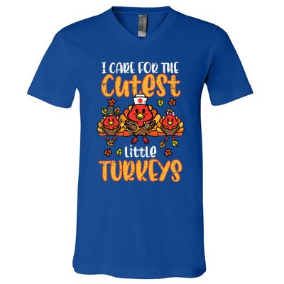 Care For Little Turkeys Nurse Fall Thanksgiving V-Neck T-Shirt