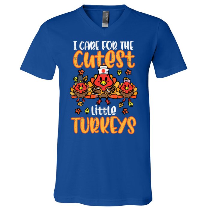 Care For Little Turkeys Nurse Fall Thanksgiving Scrub Top Gift V-Neck T-Shirt