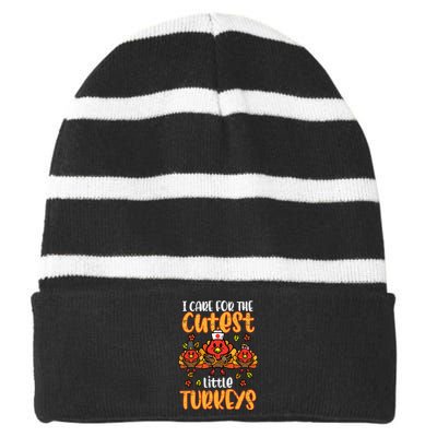 Care For Little Turkeys Nurse Fall Thanksgiving Striped Beanie with Solid Band