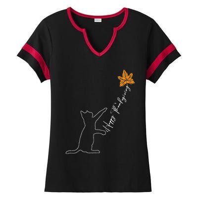 Cat Fall Leaf Balloon Thanksgiving Day Cute Kitten Autumn Ladies Halftime Notch Neck Tee