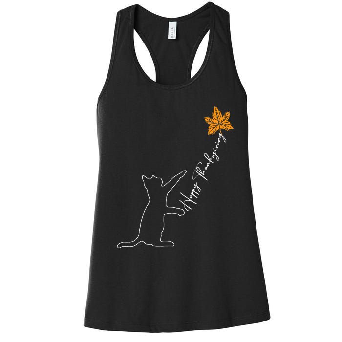 Cat Fall Leaf Balloon Thanksgiving Day Cute Kitten Autumn Women's Racerback Tank