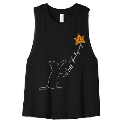 Cat Fall Leaf Balloon Thanksgiving Day Cute Kitten Autumn Women's Racerback Cropped Tank