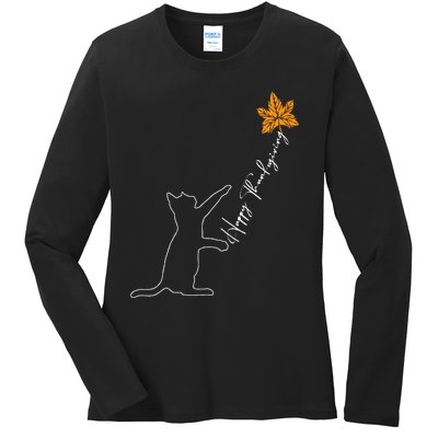 Cat Fall Leaf Balloon Thanksgiving Day Cute Kitten Autumn Ladies Long Sleeve Shirt