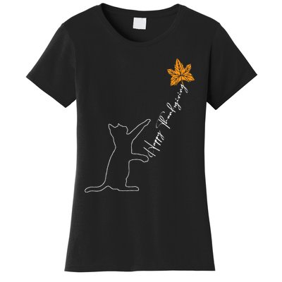 Cat Fall Leaf Balloon Thanksgiving Day Cute Kitten Autumn Women's T-Shirt