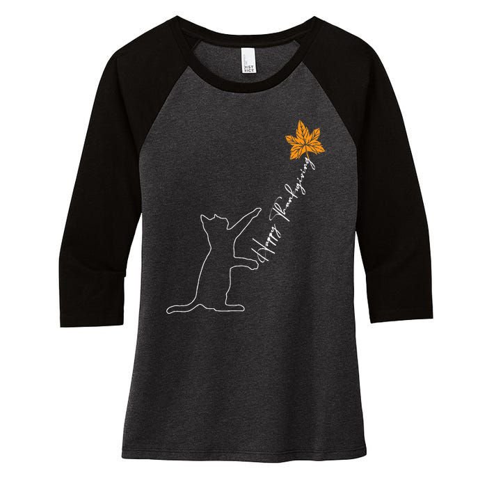 Cat Fall Leaf Balloon Thanksgiving Day Cute Kitten Autumn Women's Tri-Blend 3/4-Sleeve Raglan Shirt