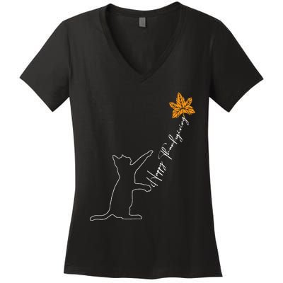 Cat Fall Leaf Balloon Thanksgiving Day Cute Kitten Autumn Women's V-Neck T-Shirt