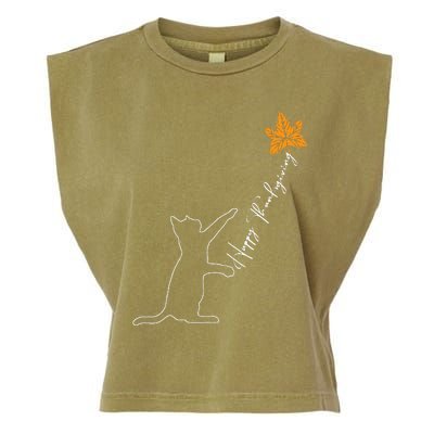 Cat Fall Leaf Balloon Thanksgiving Day Cute Kitten Autumn Garment-Dyed Women's Muscle Tee