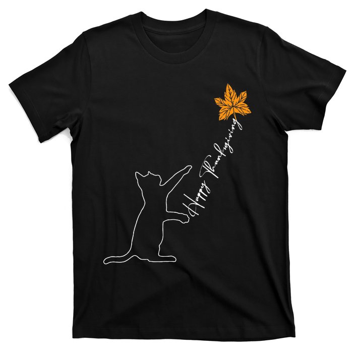 Cat Fall Leaf Balloon Thanksgiving Day Cute Kitten Autumn   T-Shirt