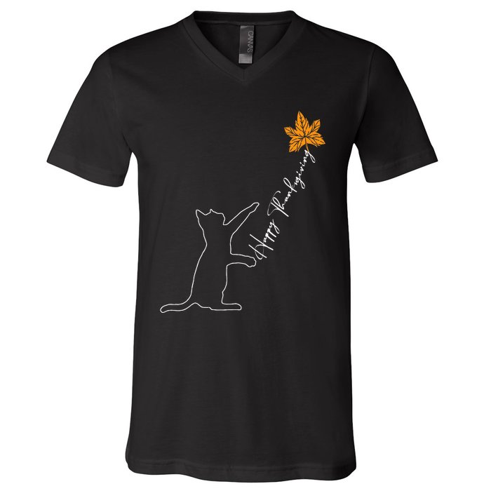 Cat Fall Leaf Balloon Thanksgiving Day Cute Kitten Autumn   V-Neck T-Shirt