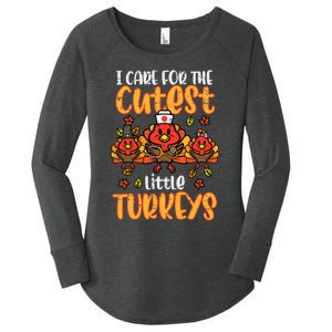 Care For Little Turkeys Nurse Fall Thanksgiving Scrub Top Women's Perfect Tri Tunic Long Sleeve Shirt